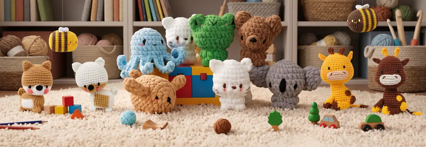 Halı üzerinde yan yana dizilmiş, kalın iplikten örülmüş amigurumi hayvanlar