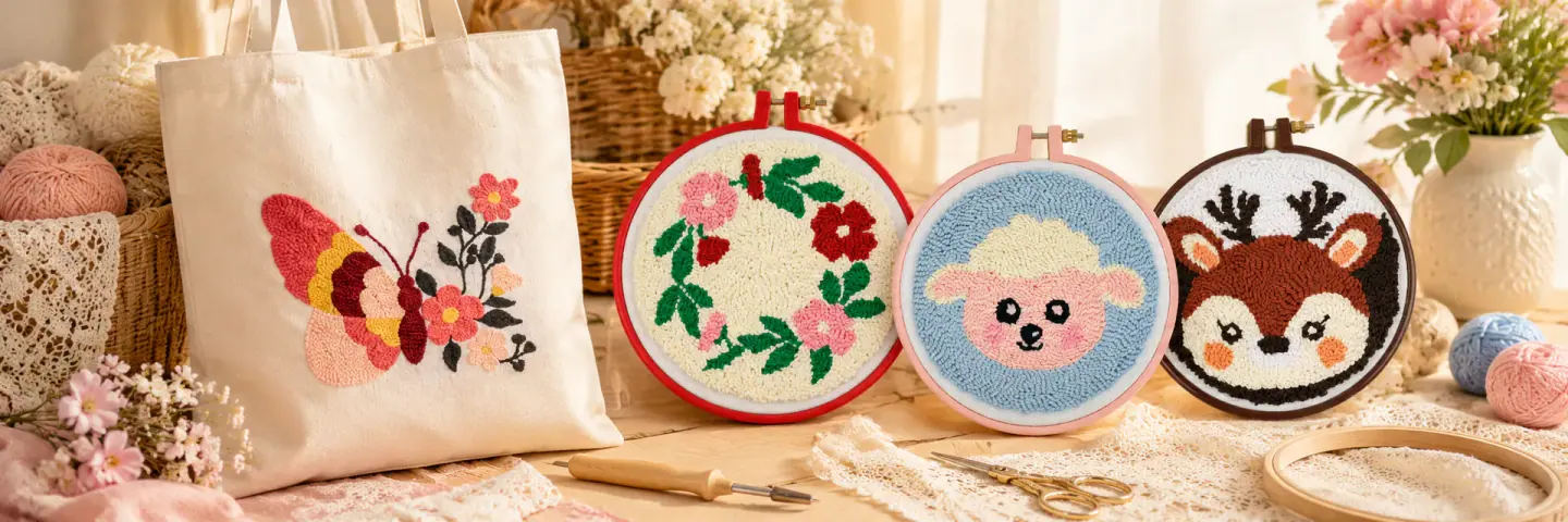 Punch needle kelebek işlemeli bez çanta ve işlemeli kasnaklar