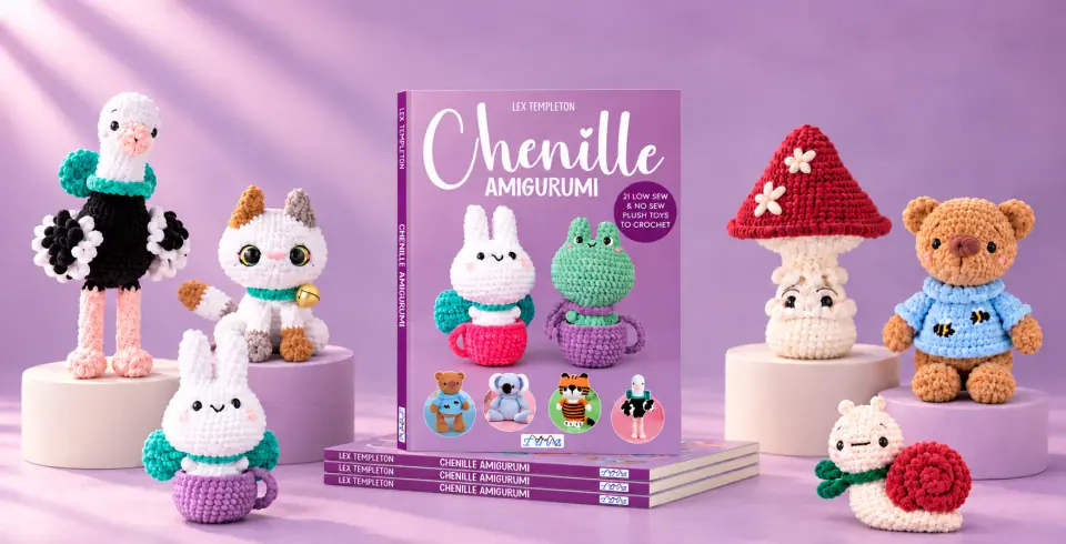 Chenille Amigurumi kitabı ve kitaptaki şönil amigurumi oyuncaklar